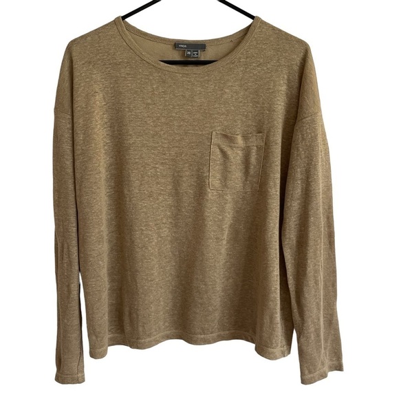 Vince Tan Linen Long Sleeve Pocket Tee, Size XS - Picture 1 of 6